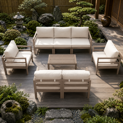 Deckaro Modular Sofa & Chair Set with Slatted Coffee Table Contemporary Outdoor Seating for Decks, Patios & Open Courtyards