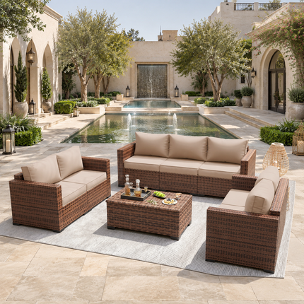 Palm Vista Wicker Rattan-Look Outdoor Sofa Set, Japandi Patio Conversation Set for Garden, Terrace, Porch, Rooftop & Poolside
