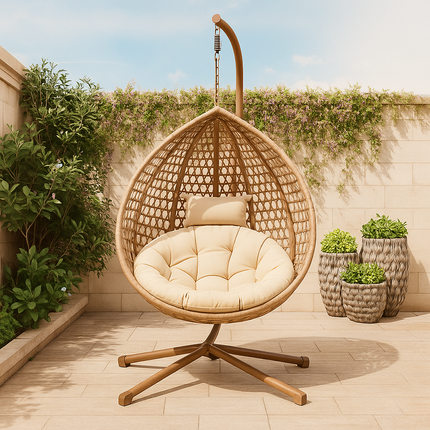 LeafShell Wabi-Sabi Cocoon Swing Chair – Japandi Mid-Century Organic Outdoor & Living Room Swing Chair