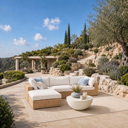 Garden Aura Rattan Wicker Sectional Outdoor Sofa Set, Patio Conversation Chaise Lounge, Poolside Garden Terrace Porch Backyard Furniture