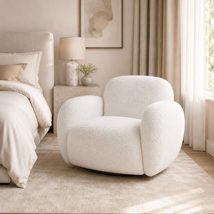 Varina White Fuzzy Boucle 360 Swivel Armchair – Ready to Dispatch Modern Lounge Chair