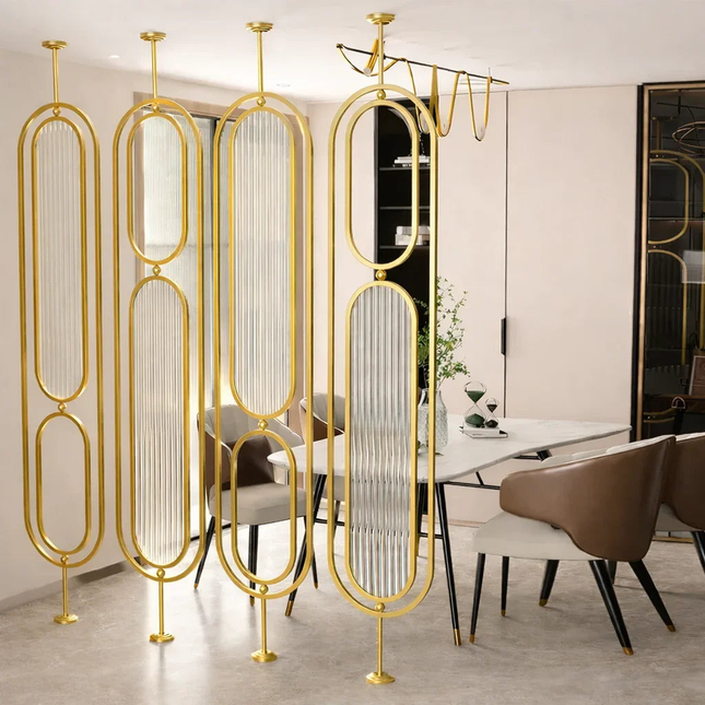LIVO Stainless Steel Glass Column Room Divider With Vertical Framed Panels For Living Room Bedroom And Luxury Interior Spaces