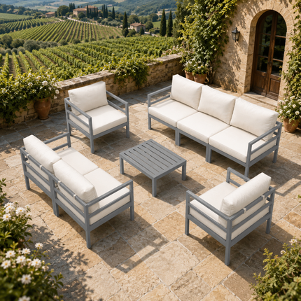 Deckaro Modular Sofa & Chair Set with Slatted Coffee Table Contemporary Outdoor Seating for Decks, Patios & Open Courtyards
