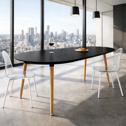 Nordelle Oval Dining Table Scandinavian Mid Century Modern Japandi Design Black Tabletop with Wooden Tapered Legs Dining Table for Dining Room