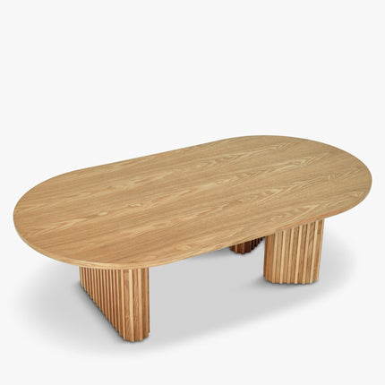 Sittang sculptural solid wood coffee table inspired by contemporary Scandinavian design for family room and lounge spaces