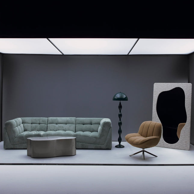 Selenga sculptural coffee table for modern lounge spaces inspired by contemporary European design with premium metal form and refined polish