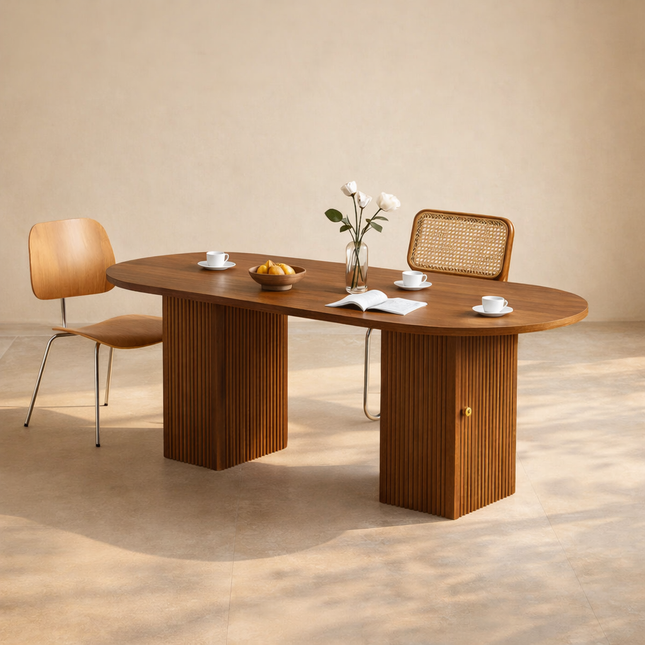 Elmspire Oval Dining Table Scandinavian Japandi Inspired Mid Century Modern Design Solid Wood Fluted Pedestal Base Ideal for Dining Room