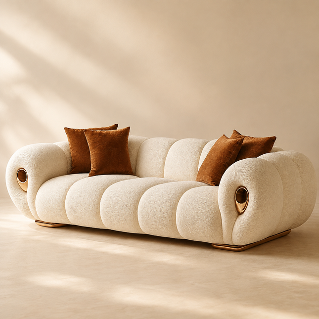Marrakesh Rolled-Arm Sofa Modern Japandi Luxury Couch with Golden Accents