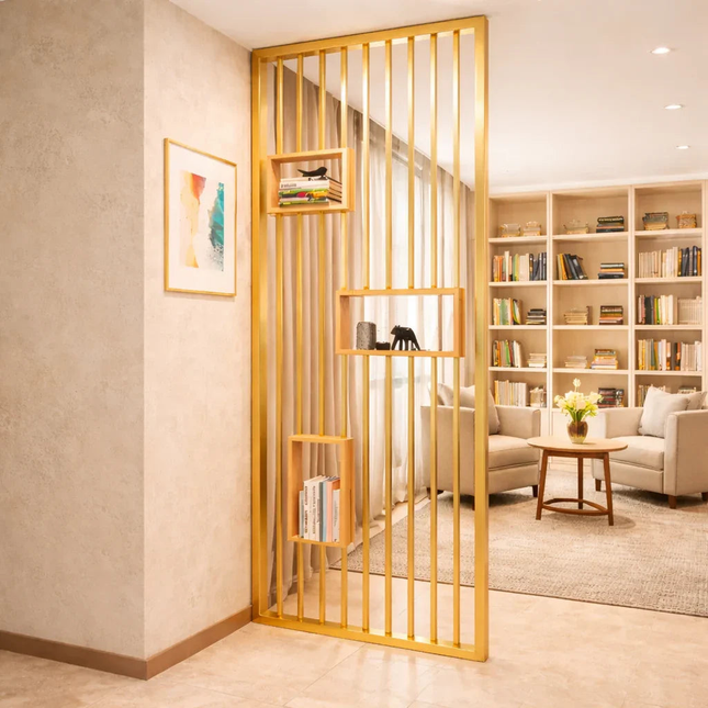 AMAYA Stainless Steel Vertical Slat Room Divider Room Partition With Display Shelves For Living Room Dining Area And Study Room