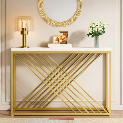 Sovana Luxe Marble Console Table – Custom White or Black Marble Top, Modern French Art Deco Gold Base for Hallways & Lounges - Uber Decor