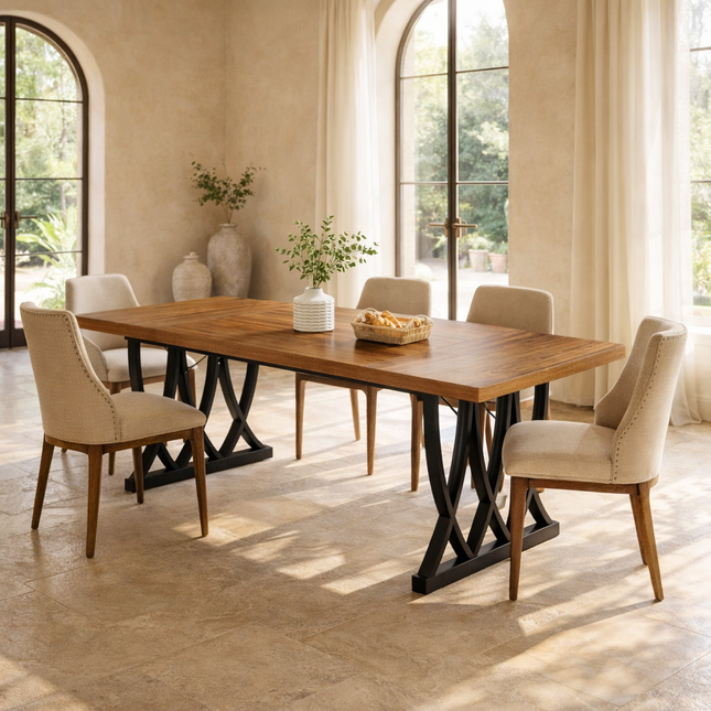 Ironwood Rustic Modern Dining Table – Custom Solid Wood Top with Metal Base for Dining Room or Formal Hall