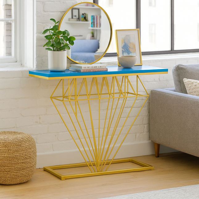 Auric Prism Display Table – Customizable Wooden Top with Sculptural Gold Geometric Base for Entryway & Hallway - Uber Decor