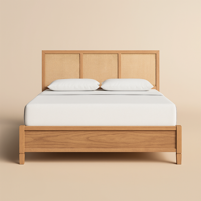 AshAura Scandinavian Contemporary Rattan Platform Customisable Bed for Minimalist Bedrooms - Uber Decor