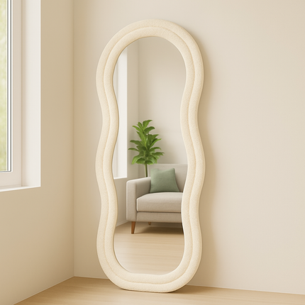 Velvet Wave Irregular Wall Mirror - Upholstered Suede Velvet Frame, Asymmetric Full-Length Body Mirror for Modern Home Decor - Uber Decor