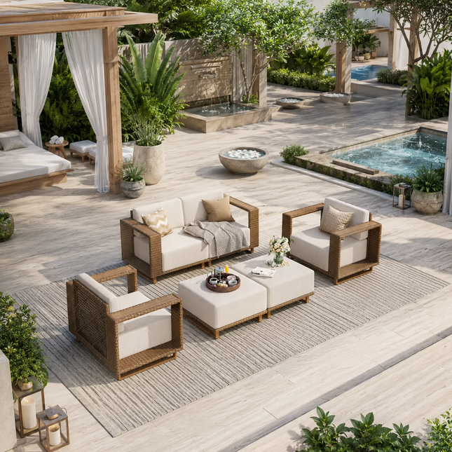 Breezewood Haven Wicker Rattan Outdoor Sofa Set, Patio Conversation Garden Lounge Set, Japandi Boho Poolside Terrace Porch Sofa
