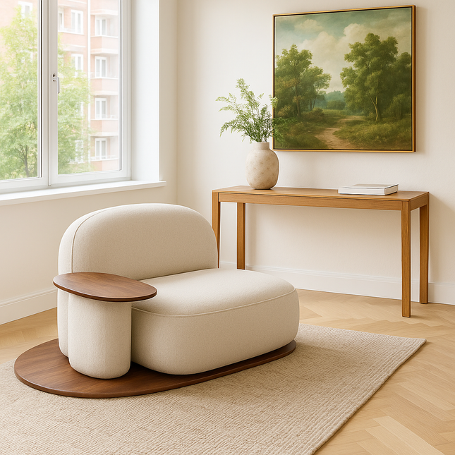Orbitra Lounge Chair Minimalist Modern Accent with Sculptural Platform Base and Functional Surface Statement Seating for Living Room and Bedroom Interiors - Uber Decor
