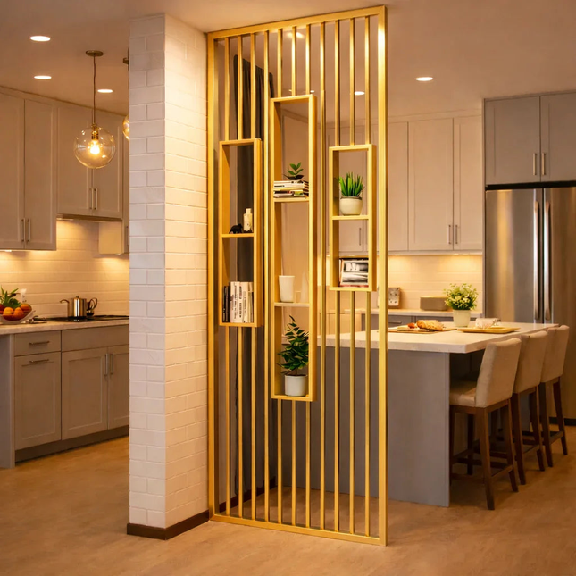 ELION Stainless Steel Vertical Slat Room Partition Divider With Open Display Shelves For Living Room And Home Office