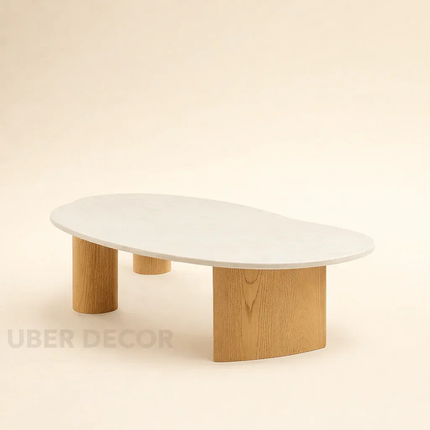 Tangon Wabi-Sabi Mid-Century Japandi Coffee Table – Organic Freeform Wooden Top Block Legs for Living Room