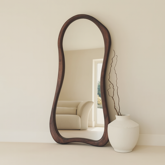 Elowen Wavy Teak Floor Mirror – Organic Freeform Full-Length Mirror - Uber Decor