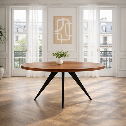 Oakspire Round Dining Table Industrial Mid Century Modern Scandinavian Design Solid Wood Top Black Metal Spider Legs Dining Table for Dining Room