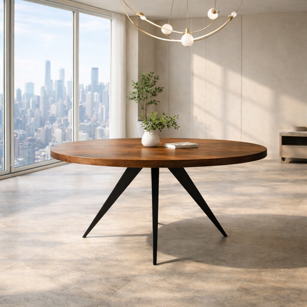 Oakspire Round Dining Table Industrial Mid Century Modern Scandinavian Design Solid Wood Top Black Metal Spider Legs Dining Table for Dining Room