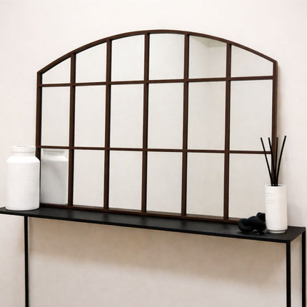 LusterArc- Arched Top Wide Metal Framed Window Style Mirror for Console or Dining Table Wall