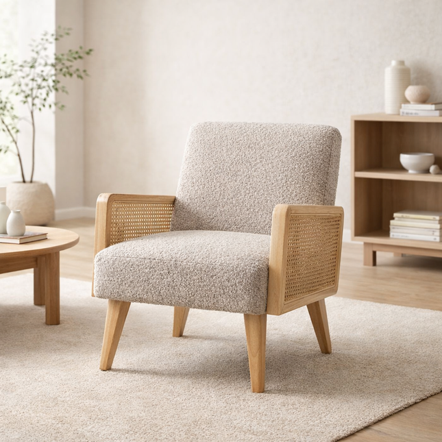 Nivara- Solid Wood Upholstered Accent Chair with Rattan Arms and Wooden Legs