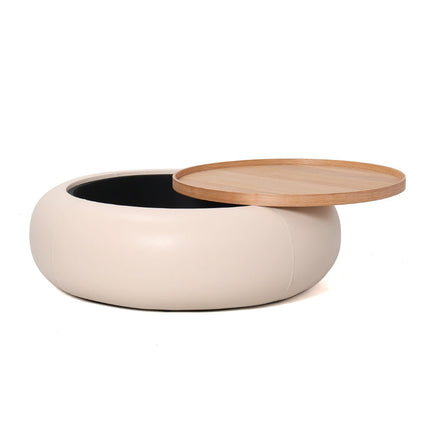 Lufira upholstered round coffee table with solid wood tray top low profile modern center table for lounge space and cozy interiors