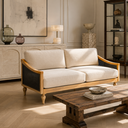 Fermo wooden sofa – full view with loose cushions in rustic modern or Japandi living room India