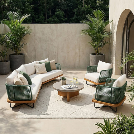 Evergreen Bay Teak Rope Outdoor Sofa Set, Garden Patio Conversation Lounge Set, Scandinavian Boho Terrace Poolside Seating