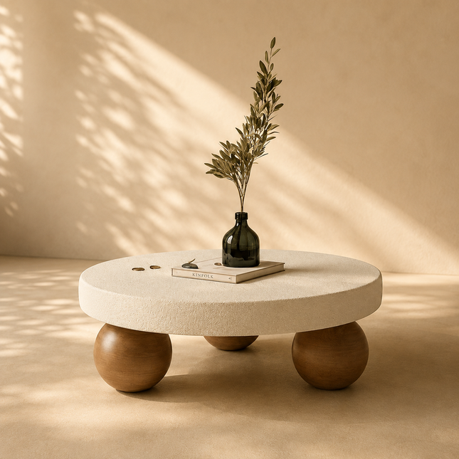 Salween Wabi-Sabi Mid-Century Japandi Round Coffee Table – Scandinavian Sculptural Sphere Legs Center Table for Living Room