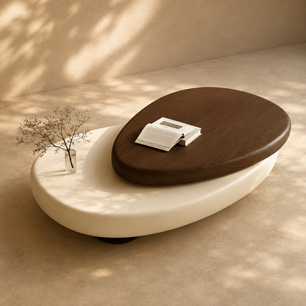 Songhua Wabi-Sabi Contemporary Japandi Coffee Table – Organic Two-Tone Sculptural Solid Wood Top for Living Room