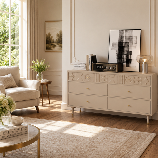 GeoForm Modern Dresser features artistic carved drawer fronts, spacious 6-drawer storage and contemporary style for bedrooms and living rooms
