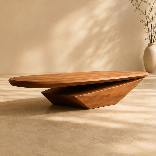 Colorado Wabi-Sabi River Japandi Coffee Table – Sculptural Geometric Solid Wood Center Table for Contemporary Living Rooms