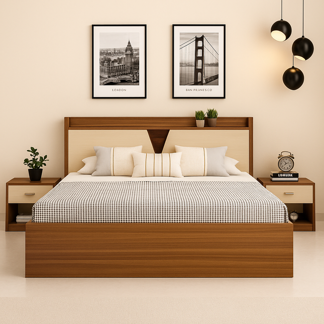 OakLoom Wabi Sabi Contemporary Panel Platform Customisable Bed for Master Bedroom - Uber Decor