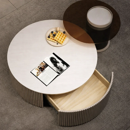 Tiber Oro Italian Luxury Round Coffee Table Tempered Glass Top High Gloss Finish Minimalist Centerpiece for Lounge and Living Suites