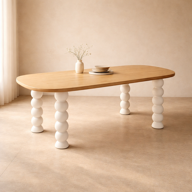 Nora Sphere Oval Dining Table Contemporary Scandinavian Design Natural Premium Wooden Top with White Ball Legs Ideal for Dining Room