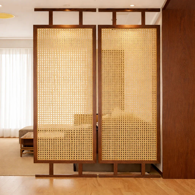 NATRA Handcrafted Wooden Rattan Room Divider with Sliding Panel Design for Living Rooms, Bedrooms & Custom Interior Spaces