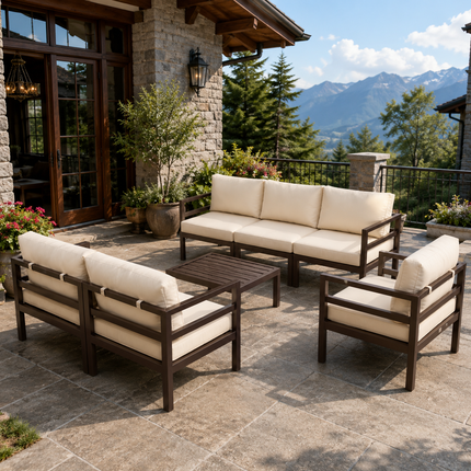 Deckaro Modular Sofa & Chair Set with Slatted Coffee Table Contemporary Outdoor Seating for Decks, Patios & Open Courtyards