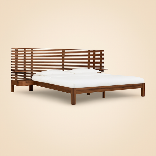 RosewoodGrid Slatted Modern Platform Customisable Bed with Integrated Nightstands - Uber Decor