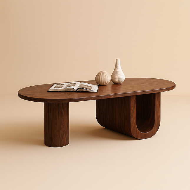 Jordan Shiro Japanese Minimalist Oval Coffee Table White MDF Top Solid Wood Legs Matte Finish with Storage Shelf for Living Room Bedroom - Uber Decor