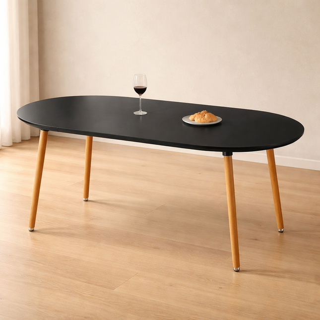 Nordelle Oval Dining Table Scandinavian Mid Century Modern Japandi Design Black Tabletop with Wooden Tapered Legs Dining Table for Dining Room
