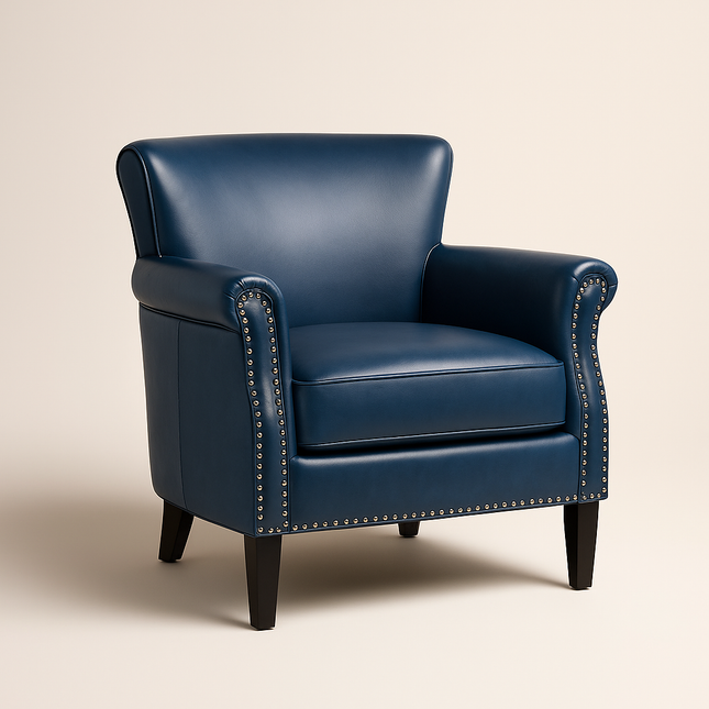 Averra Accent Chair- Traditional Faux Leather Barrel Style Embellished Armchair with Wooden Legs - Uber Decor