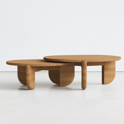 Ob Sculptural Mid Century Japandi Coffee Table with Organic Round Solid Wood Top and Cylindrical Legs for Living Room - Uber Decor