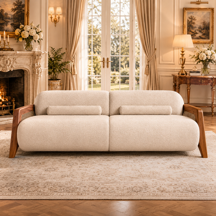Catania Luxury Japandi Sofa with Cane Accent Armrests Customisable Minimalist Designer Couch for Boutique Interiors