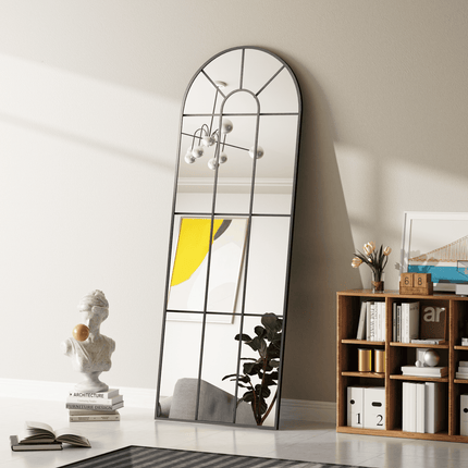 Old World Charm Arched Wall Mirror – Metal Window Mirror Full Length Mirror for Living Room & Entryway Accent - Uber Decor