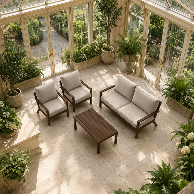 Breevara Sofa & Chair Set with Slatted Coffee Table   Modern Outdoor Seating for Decks, Balconies & Courtyard Patios