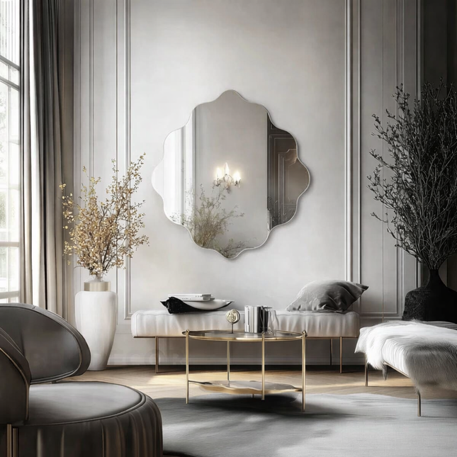 GlowRef Frameless Scalloped Round Wall Mirror for Living Room - Uber Decor