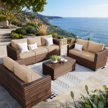 Palm Vista Wicker Rattan-Look Outdoor Sofa Set, Japandi Patio Conversation Set for Garden, Terrace, Porch, Rooftop & Poolside