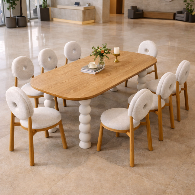 Nora Sphere Oval Dining Table Contemporary Scandinavian Design Natural Premium Wooden Top with White Ball Legs Ideal for Dining Room